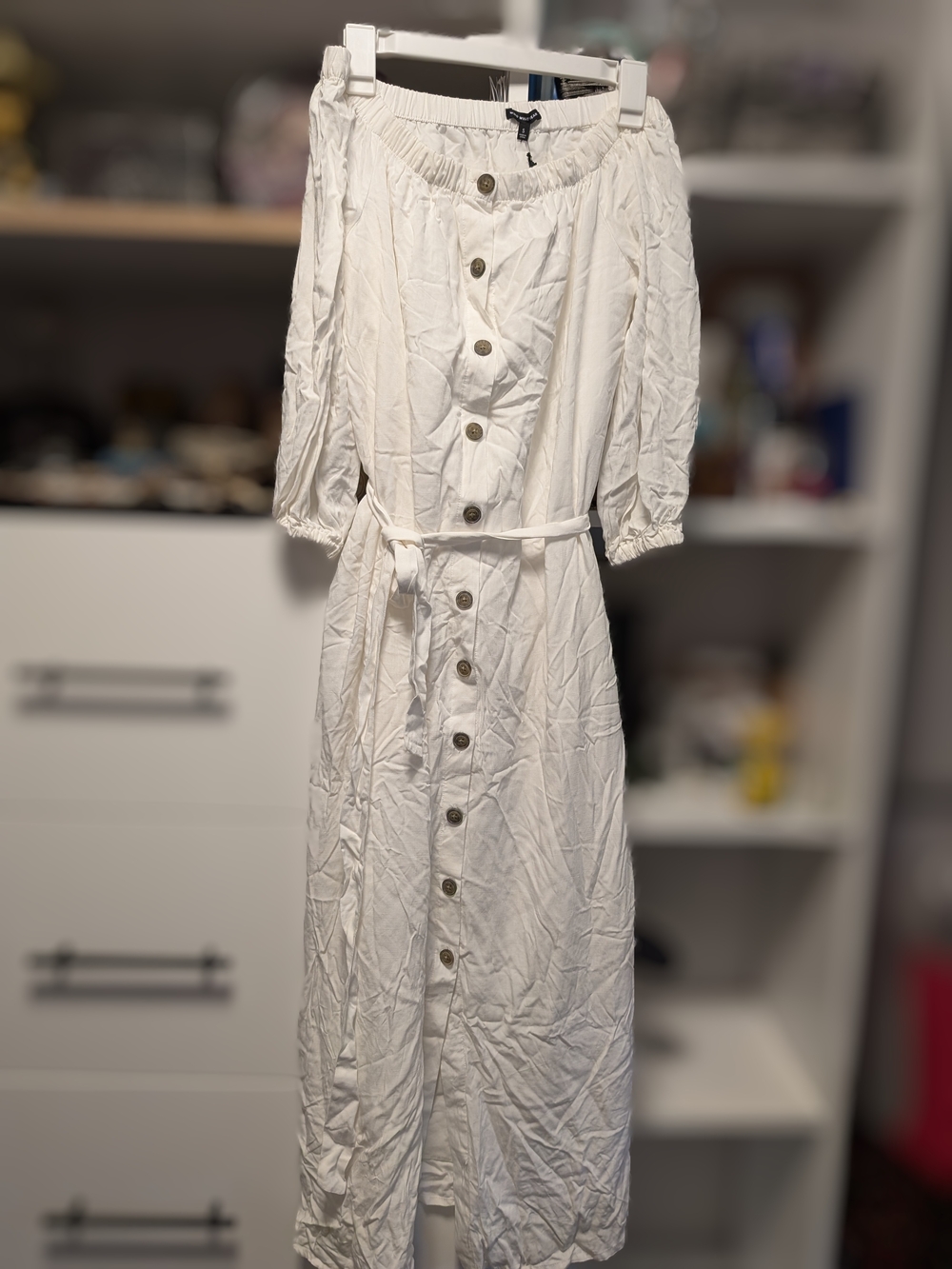Women's White Button-Front Midi Dress with Belt